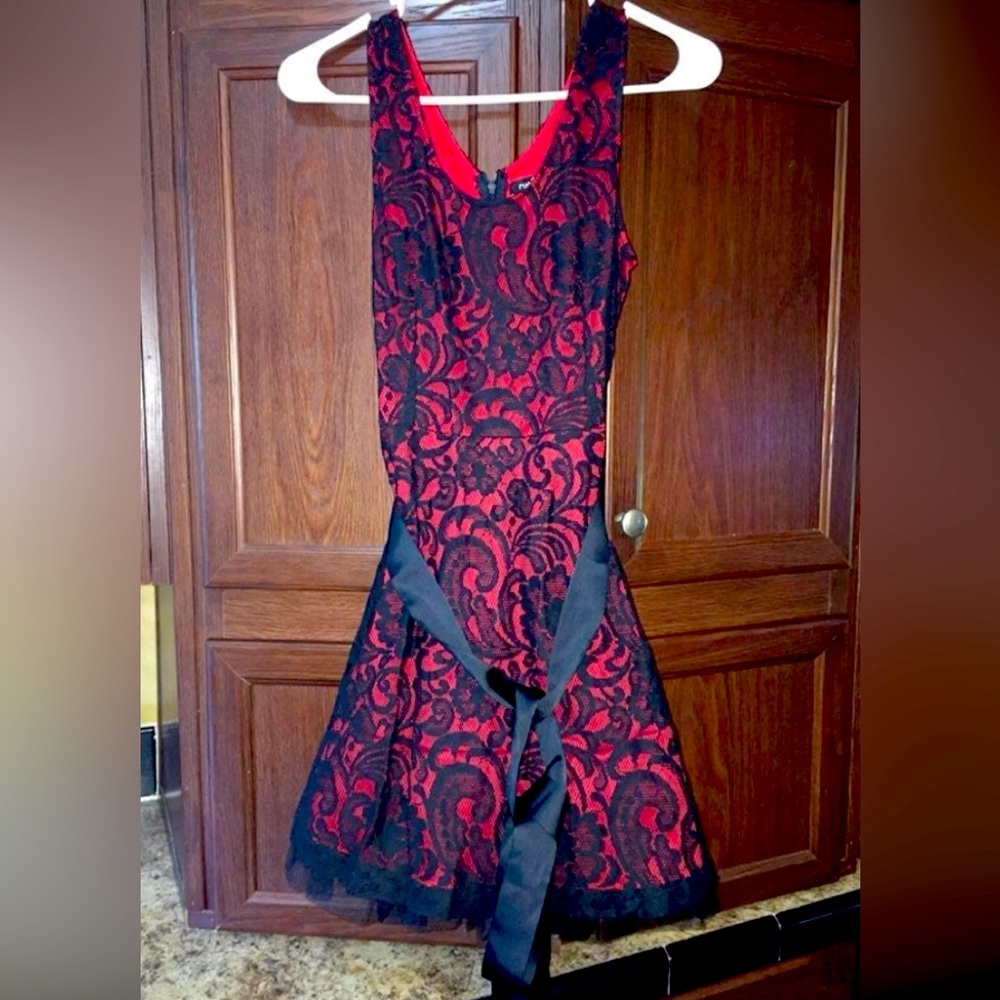 Red and black lace dress